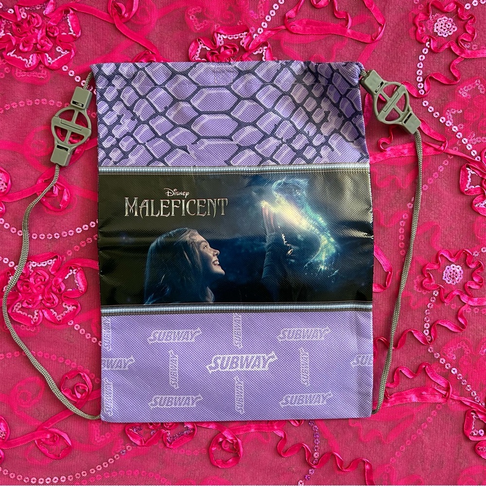 purple maleficent drawstring bag